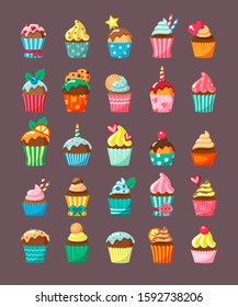 Muffins with topping in cartons flat vector illustration set. Flavored pastry products. Cupcakes with cream and frosting. Decorated confectionery goods. Cupcakery. Sweet small cakes in paper cups