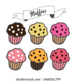 Muffins vector collection. Strawberry chocolate, vanilla muffins. Coffee break or breakfast