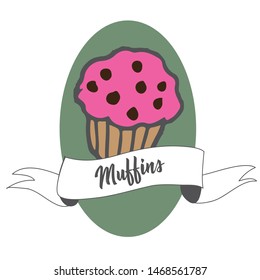 Muffins vector with ribbon. Strawberry muffins with chocolate chips. 