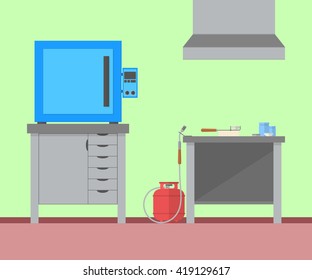 Muffle furnace and jewellers metal melting and metal soldering workplace. Exhaust hood, table, gas tank, torch, melting pot. Jewelry workshop. Vector illustration