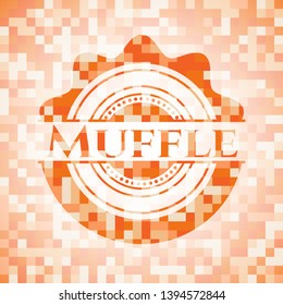 Muffle orange tile background illustration. Square geometric mosaic seamless pattern with emblem inside.