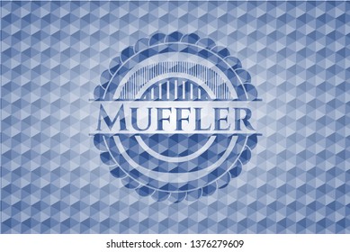 Muffler blue badge with geometric background.