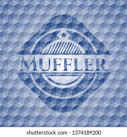 Muffler blue badge with geometric pattern background.