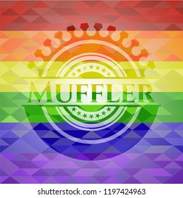 Muffler emblem on mosaic background with the colors of the LGBT flag