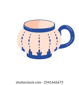 Mug with abstract design in flat style. Ceramic tableware with blue shapes. Hand drawn illustration isolated on a white background.