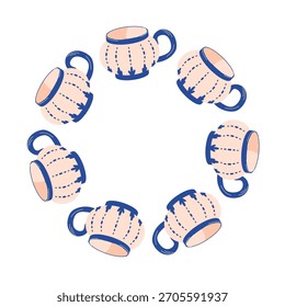 Taza con corona de diseño abstracto en estilo plano. Vajilla de cerámica con Formas azules aisladas sobre un fondo blanco.