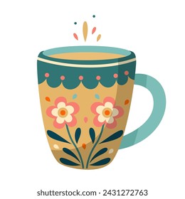 Mug with abstract floral design. Ceramic tableware. Cute dishes of different shapes and patterns. Vintage English teacup, coffee cup and kitchen mug, tea cup. Hand drawn color vector illustration.