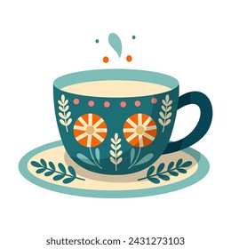 Mug with abstract floral design. Ceramic tableware. Cute dishes of different shapes and patterns. Vintage English teacup, coffee cup and kitchen mug, tea cup. Hand drawn color vector illustration.