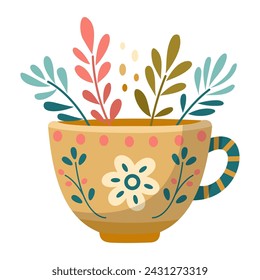 Mug with abstract floral design. Ceramic tableware. Cute dishes of different shapes and patterns. Vintage English teacup, coffee cup and kitchen mug, tea cup. Hand drawn color vector illustration.