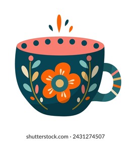 Mug with abstract floral design. Ceramic tableware. Cute dishes of different shapes and patterns. Vintage English teacup, coffee cup and kitchen mug, tea cup. Hand drawn color vector illustration.