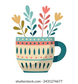 Mug with abstract floral design. Ceramic tableware. Cute dishes of different shapes and patterns. Vintage English teacup, coffee cup and kitchen mug, tea cup. Hand drawn color vector illustration.
