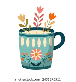 Mug with abstract floral design. Ceramic tableware. Cute dishes of different shapes and patterns. Vintage English teacup, coffee cup and kitchen mug, tea cup. Hand drawn color vector illustration.