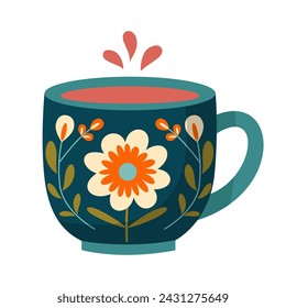 Mug with abstract floral design. Ceramic tableware. Cute dishes of different shapes and patterns. Vintage English teacup, coffee cup and kitchen mug, tea cup. Hand drawn color vector illustration.