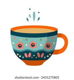 Mug with abstract floral design. Ceramic tableware. Cute dishes of different shapes and patterns. Vintage English teacup, coffee cup and kitchen mug, tea cup. Hand drawn color vector illustration.
