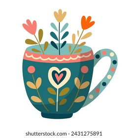 Mug with abstract floral design. Ceramic tableware. Cute dishes of different shapes and patterns. Vintage English teacup, coffee cup and kitchen mug, tea cup. Hand drawn color vector illustration.