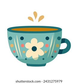 Mug with abstract floral design. Ceramic tableware. Cute dishes of different shapes and patterns. Vintage English teacup, coffee cup and kitchen mug, tea cup. Hand drawn color vector illustration.