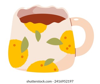 Mug with with abstract lemons design. Ceramic Crockery. Flat vector illustration isolated on white background.