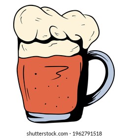 Mug with ale. Beer in a glass mug. Alcohol. Bar. Cartoon style. For design and decoration.