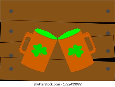 A mug of ale with a green leaf of fern on St. Patrick's Day. St.Patrick 's Day. Holiday. Template for text. Place for text. Background vector image. Poster. Advertising on the billboard.