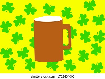 A mug of ale with a green leaf of fern on St. Patrick's Day. St.Patrick 's Day. Holiday. Template for text. Place for text. Background vector image. Poster. Advertising on the billboard.