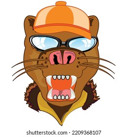 Mug animal puma in cap and spectacles
