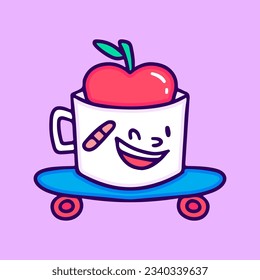 Mug with apple inside riding skateboard, illustration for t-shirt, sticker, or apparel merchandise. With doodle, retro, and cartoon style.