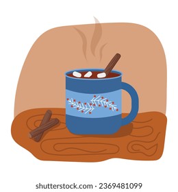 Mug with autumn - winter drink with marshmallows and cinnamon. Autumn and winter holidays. Coffee, cocoa, cappuccino and marshmallows. Drink with cinnamon. Vector illustration