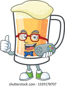 Mug of beer alcohol in holding gamer cartoon