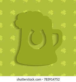 Mug with beer or ale and foam, horseshoe, vector flat illustration, silhouette of the mating layers, green, irish, for good luck, on the background of shamrock, clover
