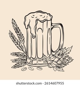 Mug of beer with barley and hops ears, black and white illustration, outline, silhouette