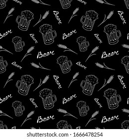 Mug with beer black and white seamless pattern hand drawing. Design for textile, wallpaper, packaging. Vector stock illustration.