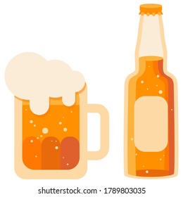 Mug and beer bottle on white isolated backdrop. Brewery for invitation or gift card, notebook, craft beer shop logo, scrapbook. Phone case or cloth print art. Flat style stock vector illustration