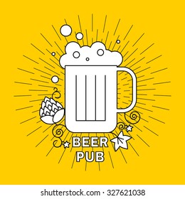 A mug of beer with branches and leaves of hops. Easy to use as an emblem of pub, drink or party. 