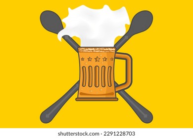 mug of beer with bubbles and foam at the top and two crossed legs at the back
