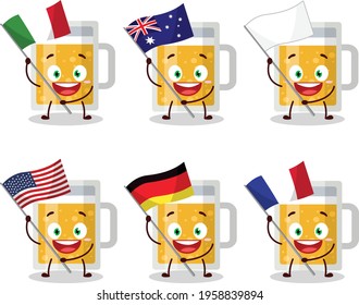 Mug of beer cartoon character bring the flags of various countries