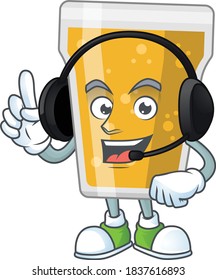 Mug of beer cartoon character style speaking with friends on headphone. Vector illustration