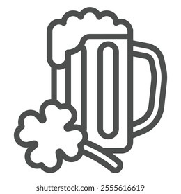 Mug of beer with clover line icon, saint Patrick day concept. Vector graphics. Beer pint glass with leaf sign on white background, outline style icon for mobile or web design