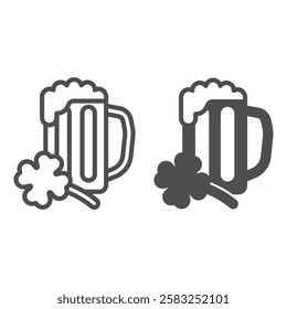 Mug of beer with clover line and solid icon, saint Patrick day concept. Vector graphics. Beer pint glass with leaf sign on white background, outline style icon for mobile or web design