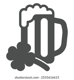 Mug of beer with clover solid icon, saint Patrick day concept. Vector graphics. Beer pint glass with leaf sign on white background, outline style icon for mobile or web design