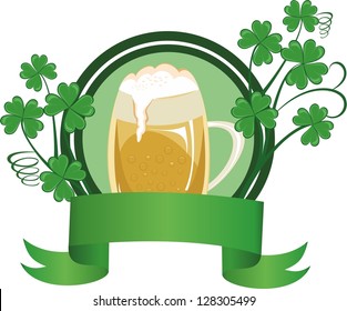 Mug of beer decorated with a clover and banner