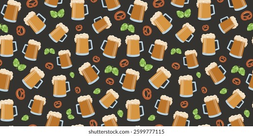  Mug of beer, drinks, hop cones, snacks. Seamless pattern. Beer day, festival, holiday. Bretzel, pretzel, pastry. Vector background repeating.