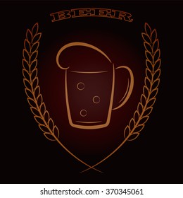 Mug beer with ears of wheat on dark brown background