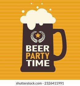 Mug with beer and english text. Beer party time, poster design. Colorful backdrop. Background with beverage. Beer glass flyer vector illustration