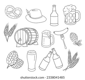 Mug of beer with foam and bottles, wooden barrel and snack. Glass mug with drink. Outline doodles set isolated on white background.