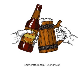 Mug of beer with foam and a brown bottle  