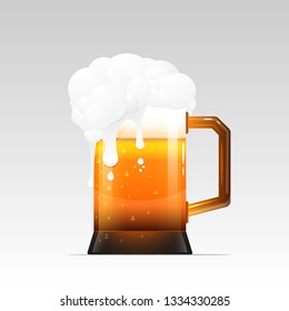 Mug of beer with The foam and drops. the foam flows down. The mug is isolated on a white background.
