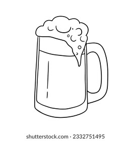 Mug of beer with foam. Glass mug with drink. Vector outline doodle sketch isolated on white background.
