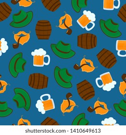 Mug of beer with foam. Green hat. Male beards and mustache. Smoking pipe. Oktoberfest. Seamless pattern