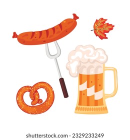 Mug of beer with foam, grilled sausage on a fork and  pretzel. Cartoon set of snacks for the autumn beer festival.Drink in glass and street food isolated on white background.Vector flat illustration.