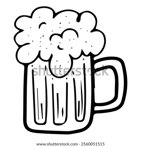 Mug of beer with foam hand drawn doodle. Alcoholic malt drink. Oktoberfest. Glassware. Glass with handle. Intoxicating water. Vector line art illustration.